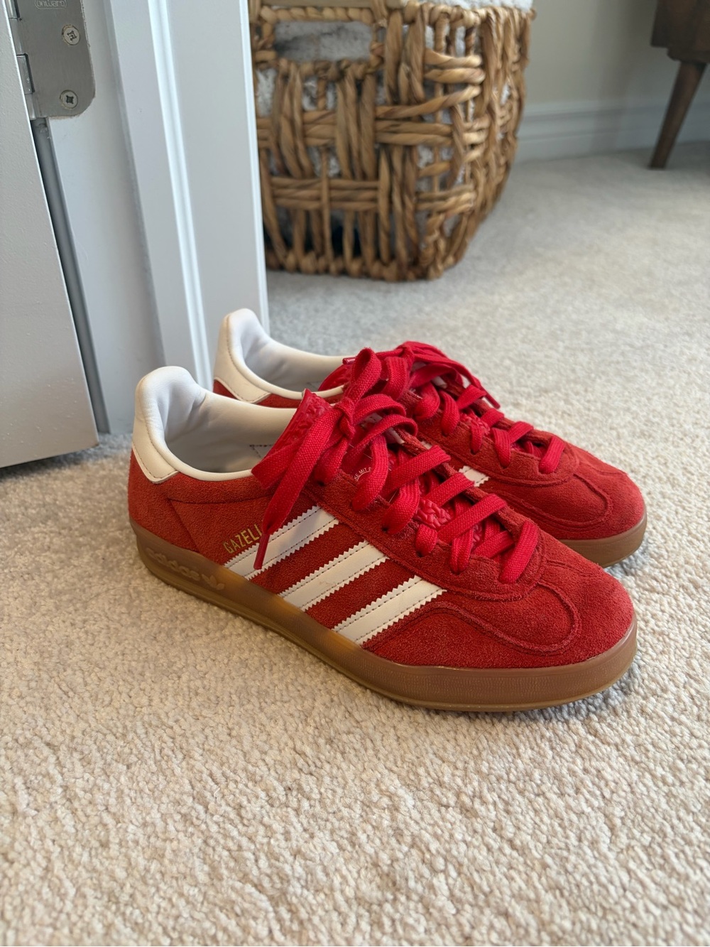 adidas Red Suede Gazelle Sneakers with White Stripes - Picture 2 of 2